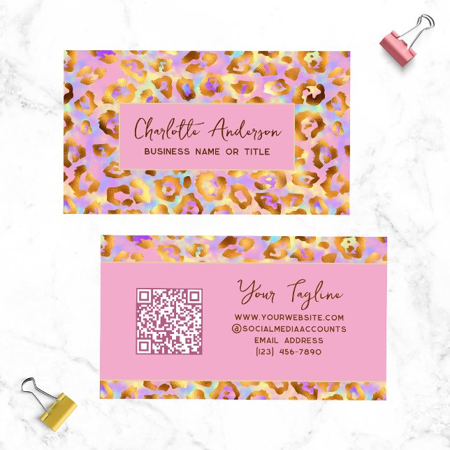 Pastel Gold Leopard Print QR Code Business Card (Creator Uploaded)