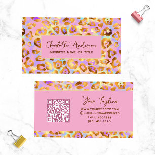 Pastel Gold Leopard QR Code Chic Business Card