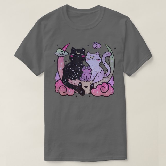 Pastel Goth Clothing Creepy CAt Family on Moon  T-Shirt (Design Front)