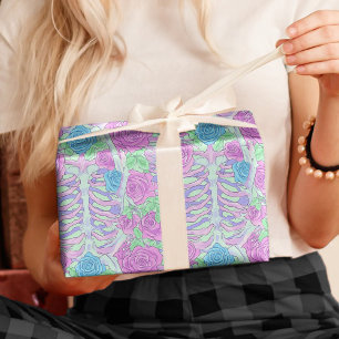 Pastel Goth Floral Rose & Rib Cage Skeleton Wrapping Paper