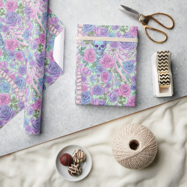 Pastel Goth Floral Skull & Rose Bones Wrapping Paper (Crafts)