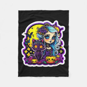 Pastel Goth Girl Black Cat Halloween Art Fleece Blanket