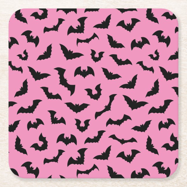 Pastel goth pink bats pattern halloween square paper coaster (Front)