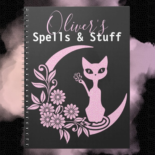 Pastel Goth Pink Crescent Moon Kitty Cat Spell Notebook (pastel goth notebook witch witchy pagan crescent moon kitty cat pink flowers spells book of shadows)