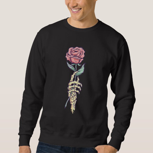 Pastel Goth Skeleton Hand Holding A Red Rose Sweatshirt (Front)