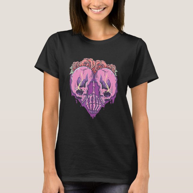 Pastel Goth Skull Heart Pattern Rose Flower Emo Pu T-Shirt (Front)