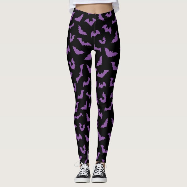 Pastel goth spooky bats purple black leggings (Front)