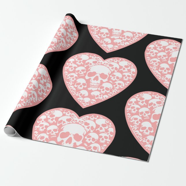 pastel goth valentines pink heart skull  wrapping paper (Unrolled)