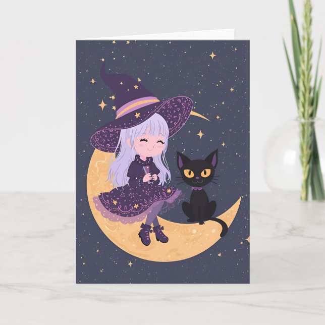 Pastel Goth Witch and Cat Halloween Card 5x7  (Front)