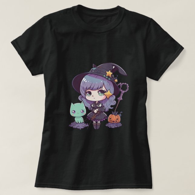 Pastel Goth Witch and Cat Halloween Tee (Design Front)