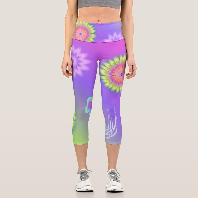 Pastel Gradient Flowers and Butterflies Capri Leggings (Front)