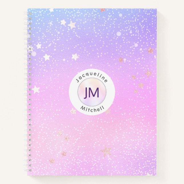 Pastel Gradient Glitter Stars Iridescent Galaxy Notebook (Front)
