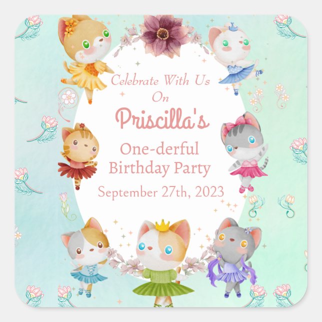 Pastel Green All Ballerina Cat Kids Birthday Party Square Sticker (Front)