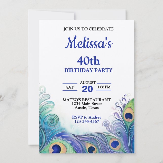 Pastel Green and Blues Peacock Feathers Birthday Invitation (Front)