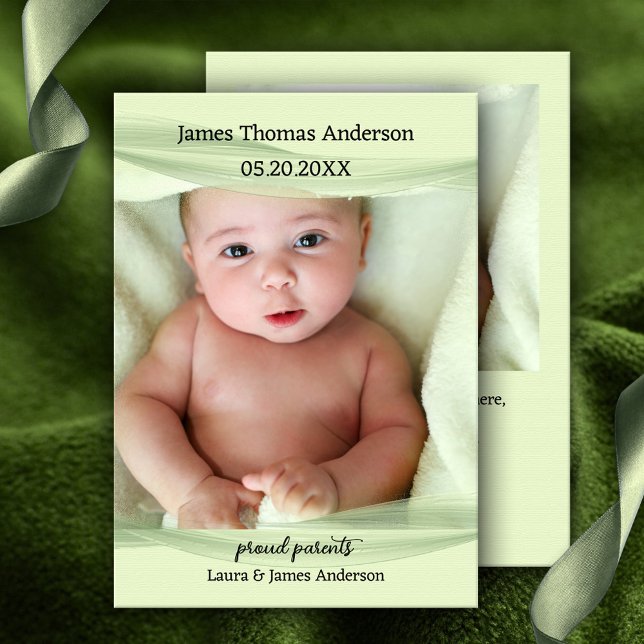 Pastel Green Baby Photo Birth Announcement (Baby birth announcement card featuring a photo of your own baby framed by an elegant green design.)