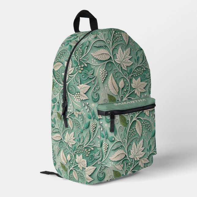 Pastel Green Beige Vintage Botanical Pattern Printed Backpack (Back Corner Left)