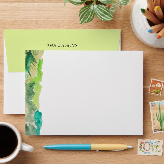 Pastel Green Blue Watercolor Monogrammed Envelope (Desk)
