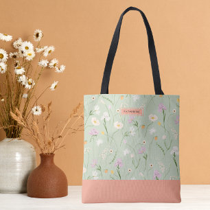 Pastel Green Boho Chic Floral Tote Bag