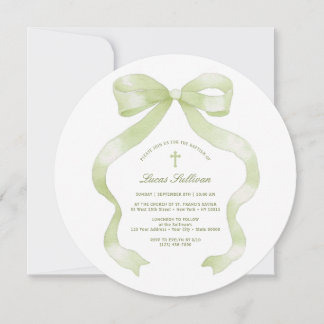 Pastel Green Bow Baptism Invitation
