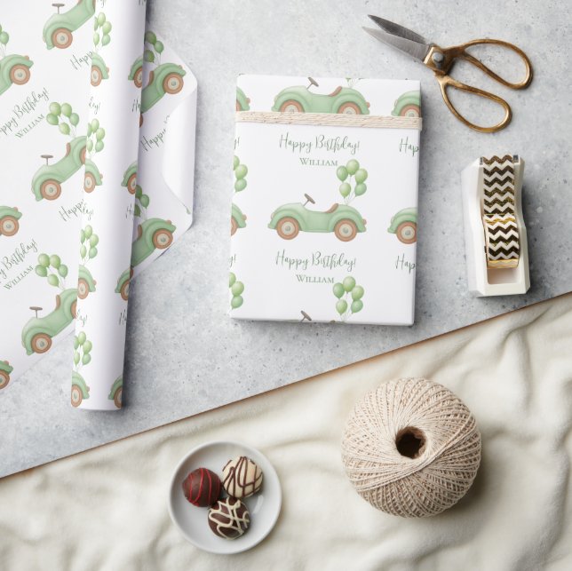 Pastel Green Car & Balloon Wrapping Paper (Crafts)