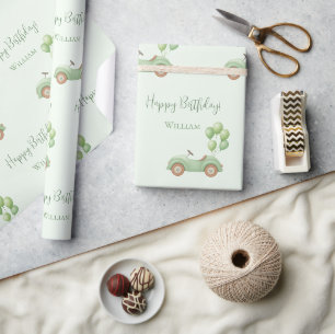 Pastel Green Car & Balloon Wrapping Paper