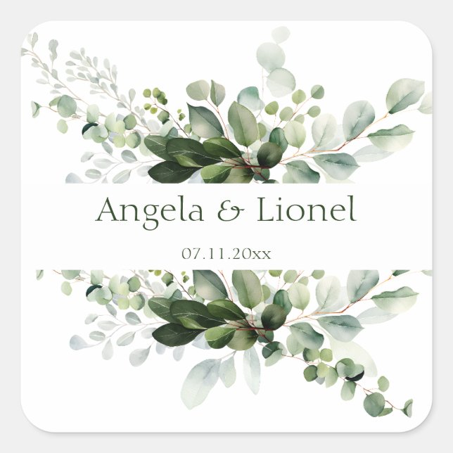 Pastel Green Eucalyptus Foliage Elegance Wedding Square Sticker (Front)