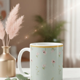 Pastel Green Floral Print Mug: Add a Touch of Spr Coffee Mug