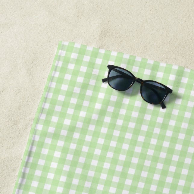 Pastel Green Gingham Pattern Beach Towel (In Situ)