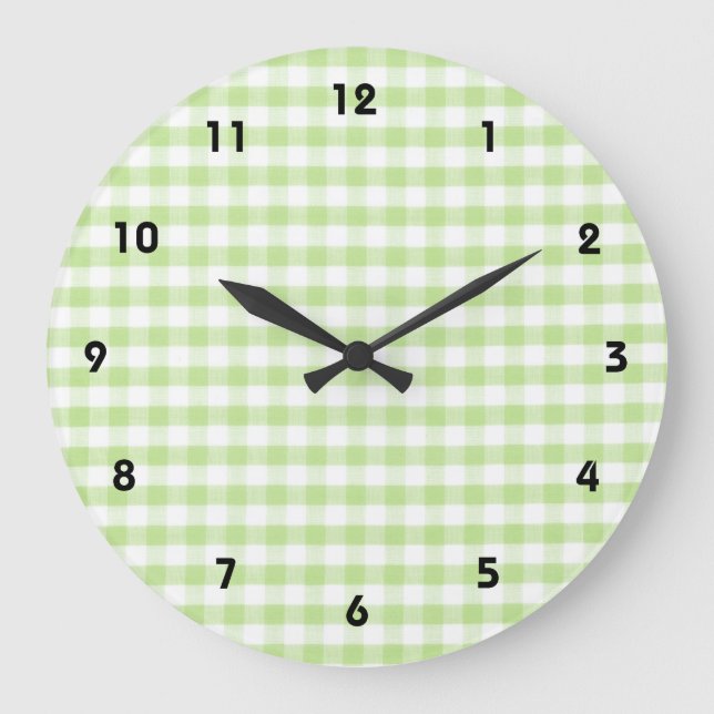 Pastel Green Gingham pattern Large Clock (Front)