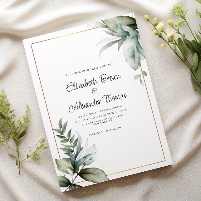 Pastel green gold beautiful leaves floral wedding  invitation (Pastel green gold beautiful leaves floral wedding)