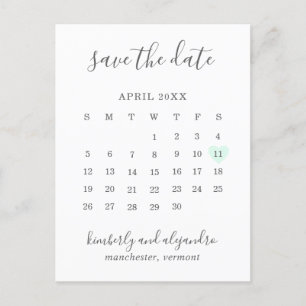 Pastel Green Heart Calendar Modern Save the Date Announcement Postcard