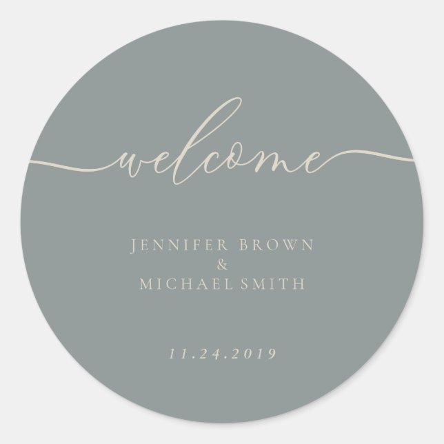Pastel Green Ivory Signature Calligraphy Welcome Classic Round Sticker (Front)