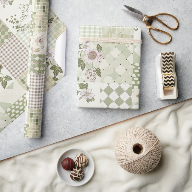 Pastel Green Lilac Quilt Earthy Gingham Patchwork Wrapping Paper (Crafts)