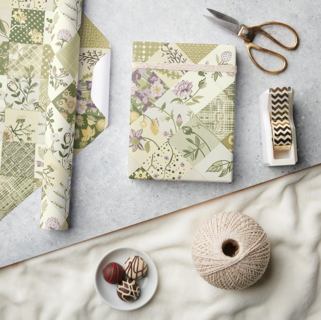 Pastel Green Lilac Quilt Earthy Gingham Patchwork Wrapping Paper (Crafts)