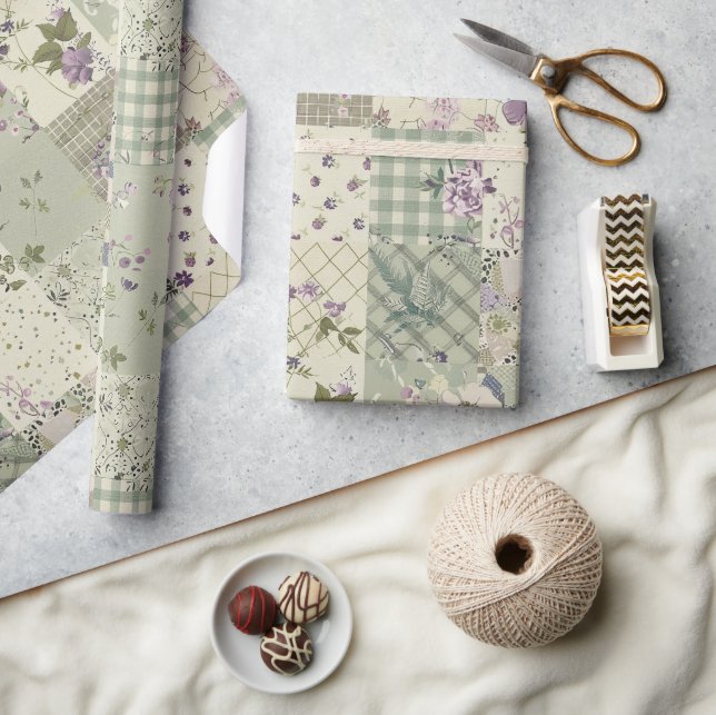 Pastel Green Lilac Quilt Earthy Gingham Patchwork Wrapping Paper (Crafts)