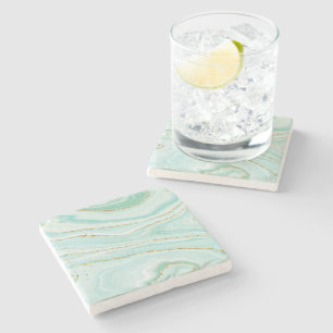 Pastel green liquid marble gold accent stone coaster