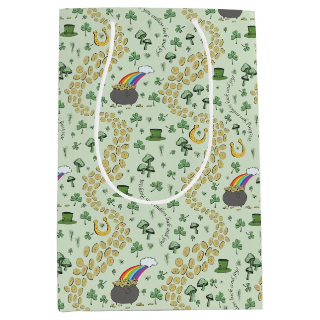 Pastel Green Luck & Joy St Patricks Day Whimsical Medium Gift Bag (Front)