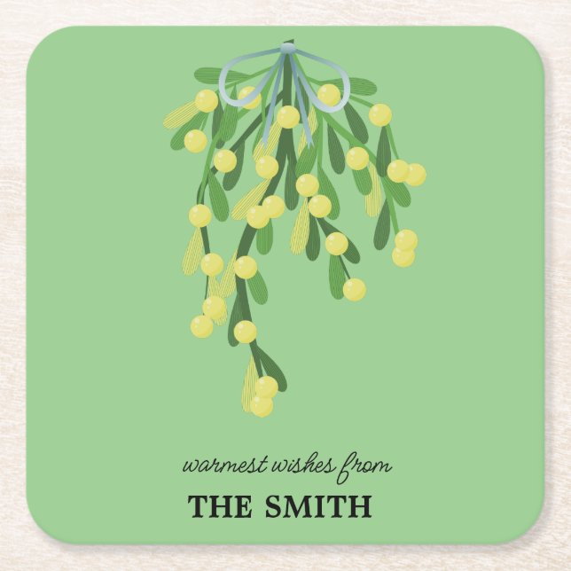Pastel green mistletoe square paper coaster (Front)