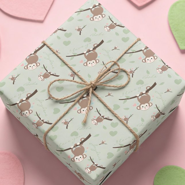 Pastel Green Monkey Valentine Wrapping Paper  (Wrap it, love it. This pastel custom monkey Valentine paper is perfect for gifts and crafts.)