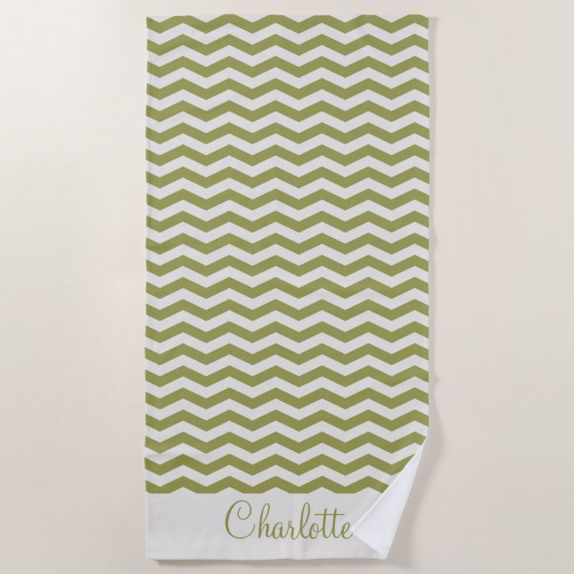 Pastel green name zig zag stripe geometric beach towel (Front)