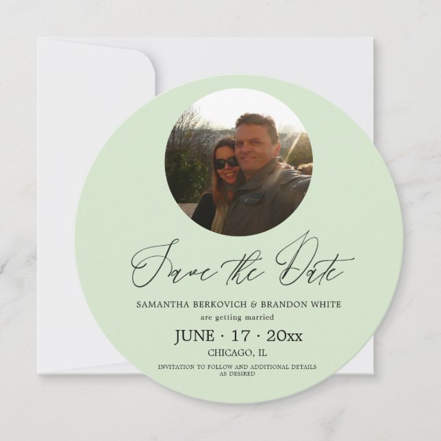 Pastel Green Photo Save the date Round Invitation (Front)