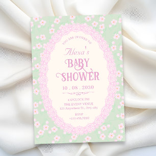 Pastel green pink floral baby shower invitation