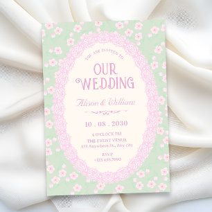 Pastel green pink floral wedding invitation