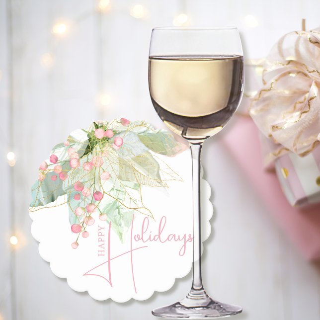 Pastel Green Pink Gold Poinsettia Holiday Scallop Paper Coaster (Creator Uploaded)