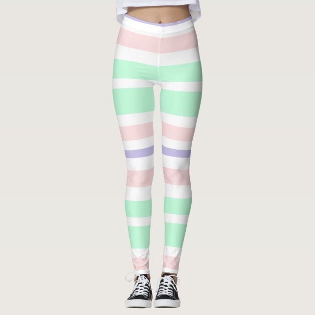 Pastel Green, Pink, Purple White Striped Leggings (Front)