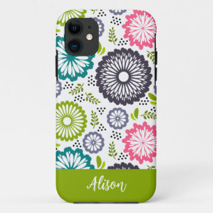 Pastel green pink teal flowers Vintage Floral Name Case-Mate iPhone Case
