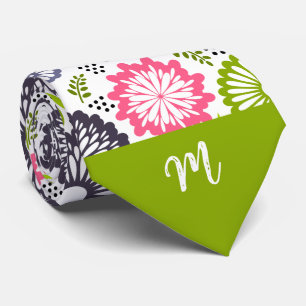Pastel green pink teal flowers Vintage Monogram Tie