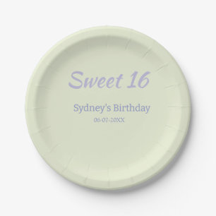 Pastel green purple sweet 16th birthday name bold paper plate