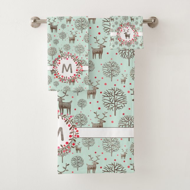 Pastel Green Reindeer Pattern Watercolor Monogram Bath Towel Set (Insitu)