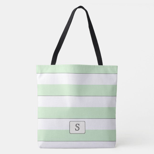 Pastel Green Stripes on any Colour Custom Monogram Tote Bag (Front)